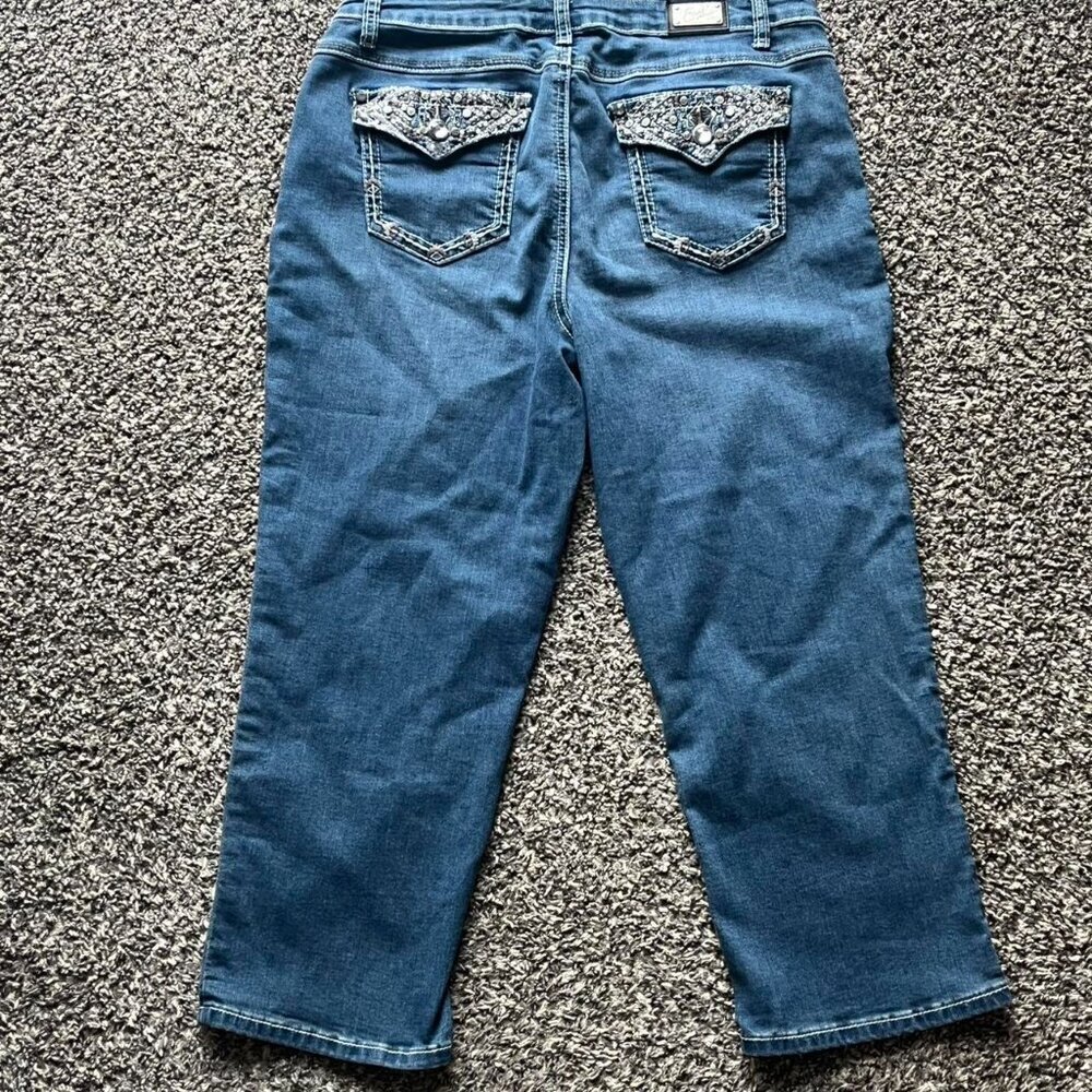 Y2K Babydoll Blue Denim Bootcut Wide Leg Earl Jeans Size 12 Rhinestone Coquette - Picture 5 of 8